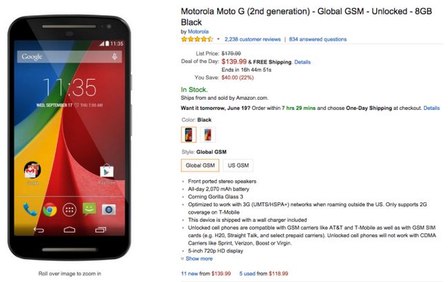 Fotografía - [Offre Alerte] Gold Box Bonus Deal Amazon est le 2ème génération Motorola Moto G Pour 139,99 $ (40 $ Off)